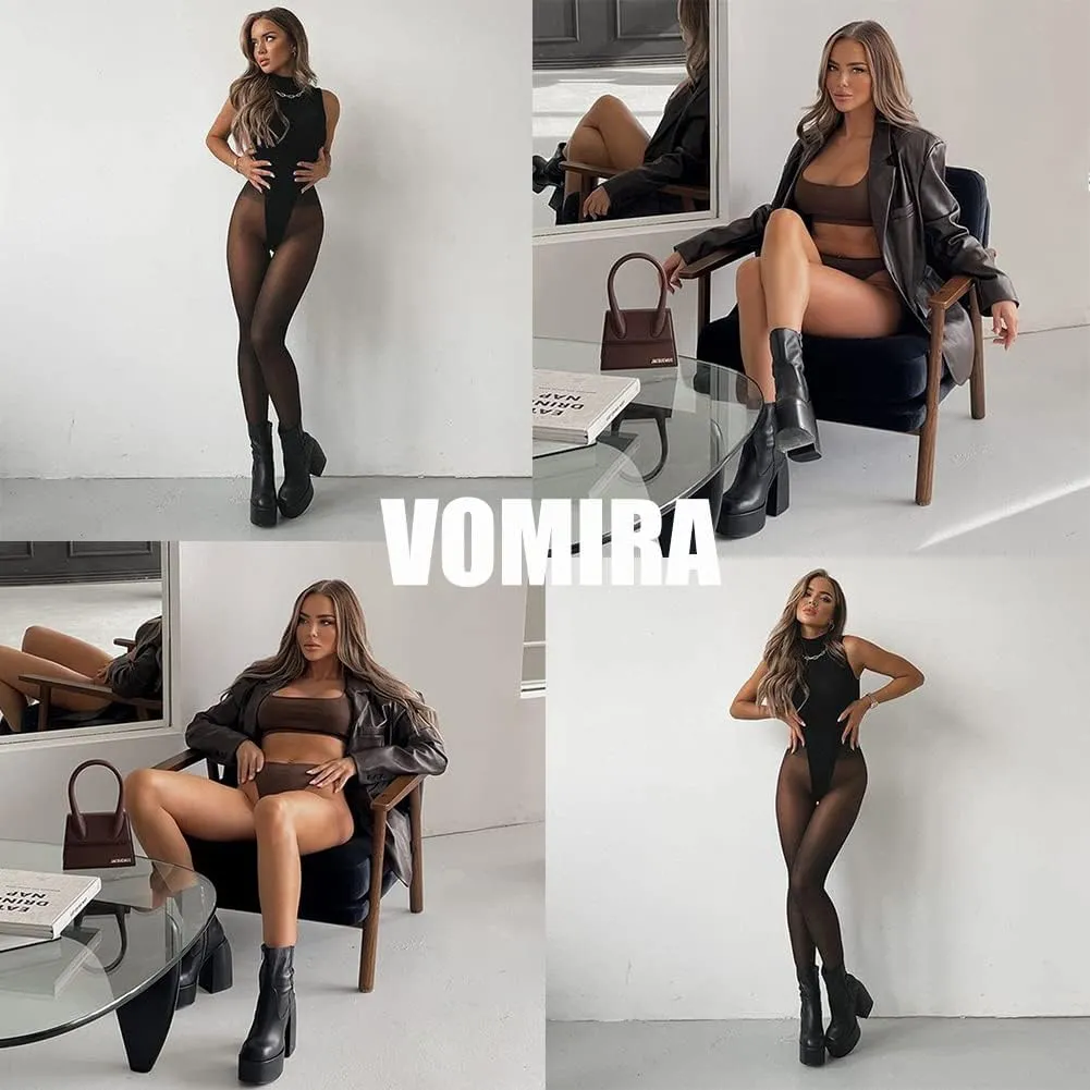 VOMIRA Ankle Boots for Women Chunky High Heel Sqaure Toe Side Zipper Pu Leather Stretch Boots Platform GoGo boots
