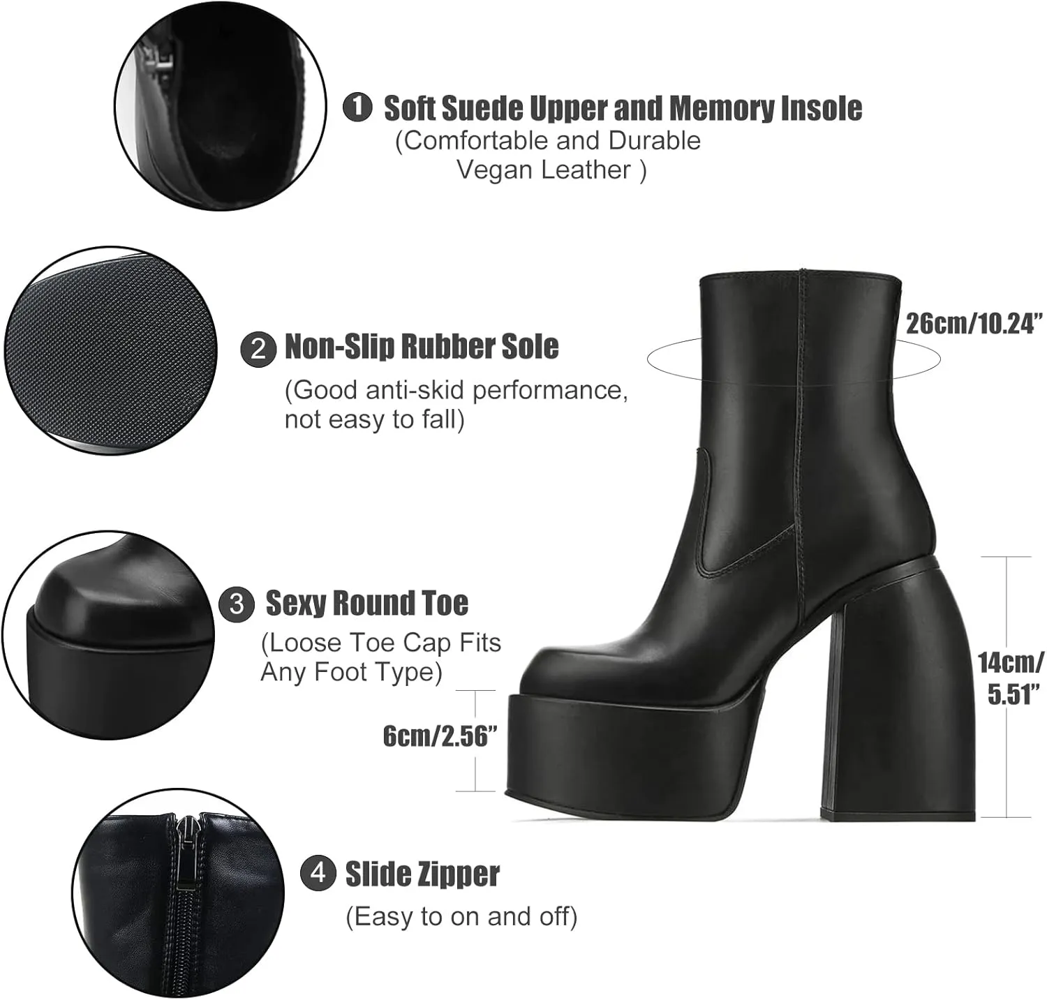 VOMIRA Ankle Boots for Women Chunky High Heel Sqaure Toe Side Zipper Pu Leather Stretch Boots Platform GoGo boots