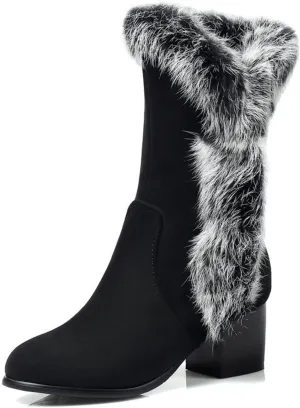 VULTRO Women's Winter Fashion Boots Side Zipper Block Heel Warm Lined Fur Mid-Calf Snow Boots