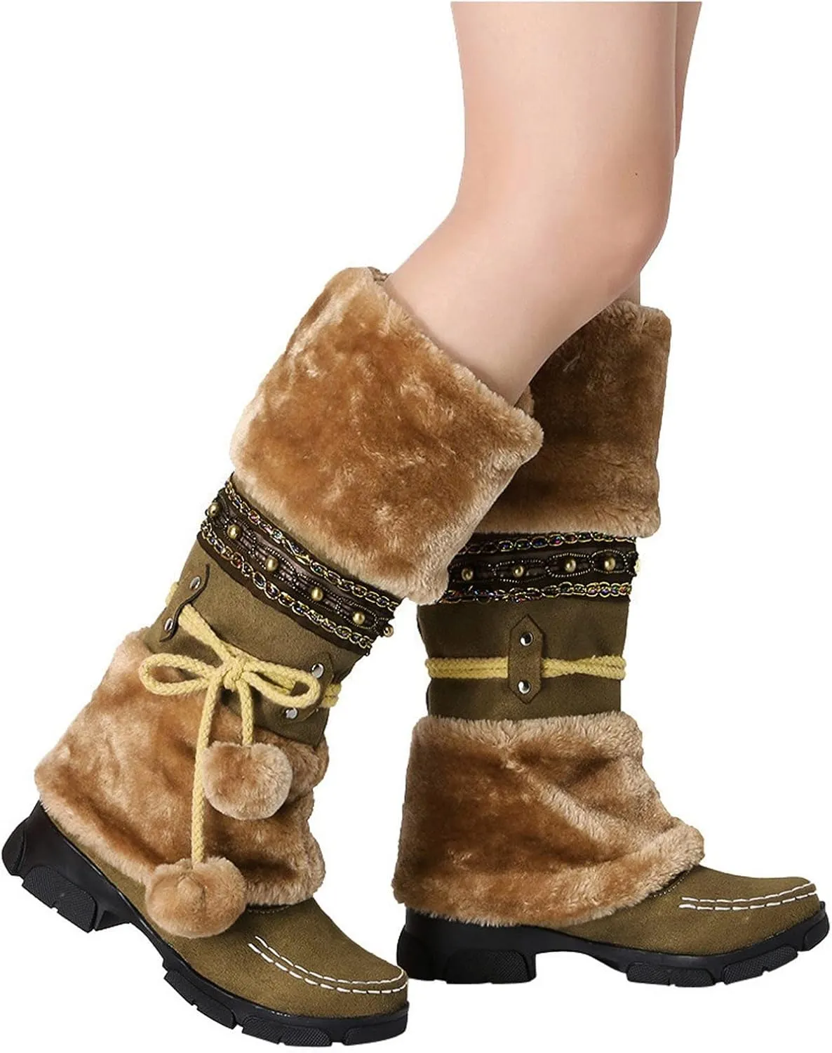 Winter Boots for Women Mid Calf Boots Snow Lace Up Pompoms Platform Non-Slip Warm Soft Comfy Knight Snow Boots