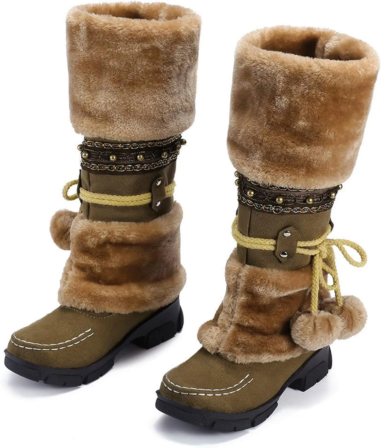 Winter Boots for Women Mid Calf Boots Snow Lace Up Pompoms Platform Non-Slip Warm Soft Comfy Knight Snow Boots