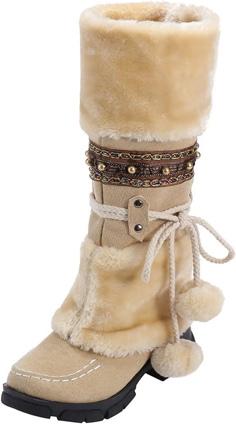 Winter Boots for Women Mid Calf Boots Snow Lace Up Pompoms Platform Non-Slip Warm Soft Comfy Knight Snow Boots