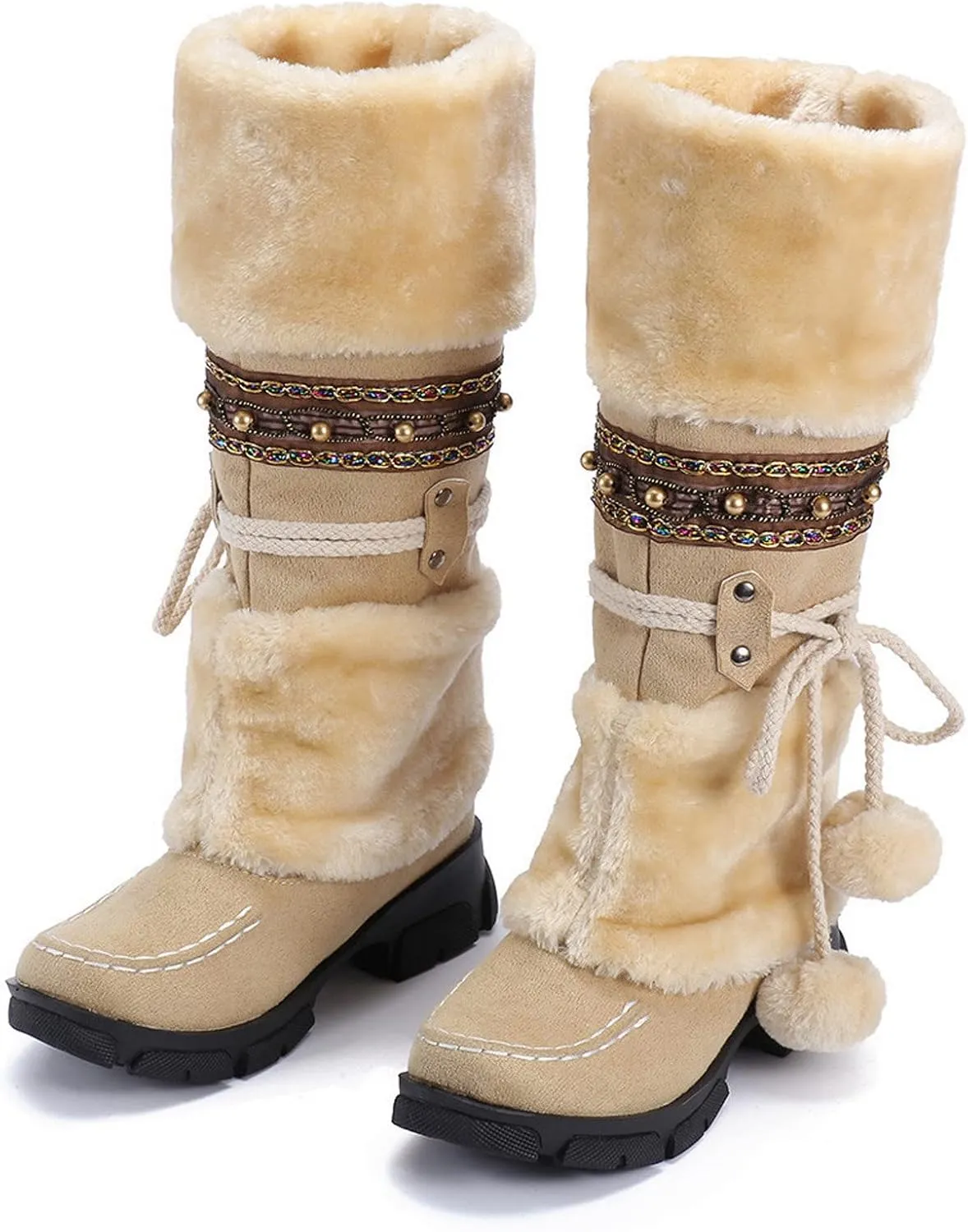 Winter Boots for Women Mid Calf Boots Snow Lace Up Pompoms Platform Non-Slip Warm Soft Comfy Knight Snow Boots