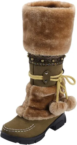 Winter Boots for Women Mid Calf Boots Snow Lace Up Pompoms Platform Non-Slip Warm Soft Comfy Knight Snow Boots