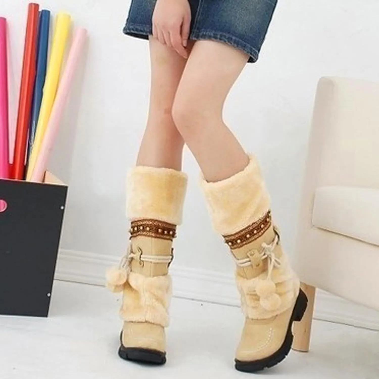 Winter Boots for Women Mid Calf Boots Snow Lace Up Pompoms Platform Non-Slip Warm Soft Comfy Knight Snow Boots