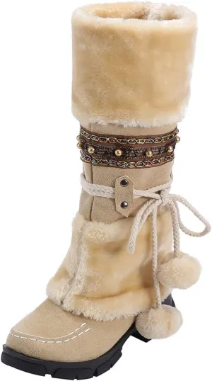Winter Boots for Women Mid Calf Boots Snow Lace Up Pompoms Platform Non-Slip Warm Soft Comfy Knight Snow Boots