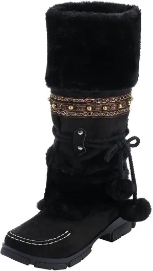 Winter Boots for Women Mid Calf Boots Winter Lace Up Pompoms Platform Anti-Slip Furry Fur Lined Knight Snow Boots