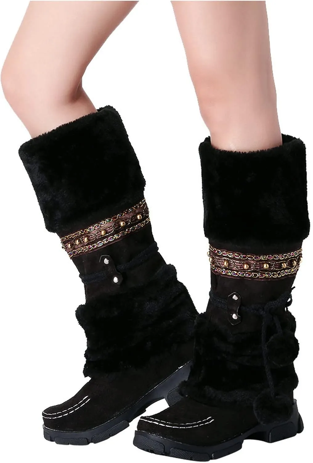 Winter Boots for Women Mid Calf Boots Winter Lace Up Pompoms Platform Anti-Slip Furry Fur Lined Knight Snow Boots