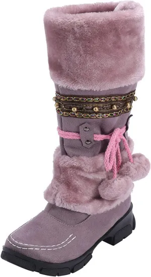 Winter Boots for Women Mid Calf Boots Winter Lace Up Pompoms Platform Anti-Slip Furry Fur Lined Knight Snow Boots