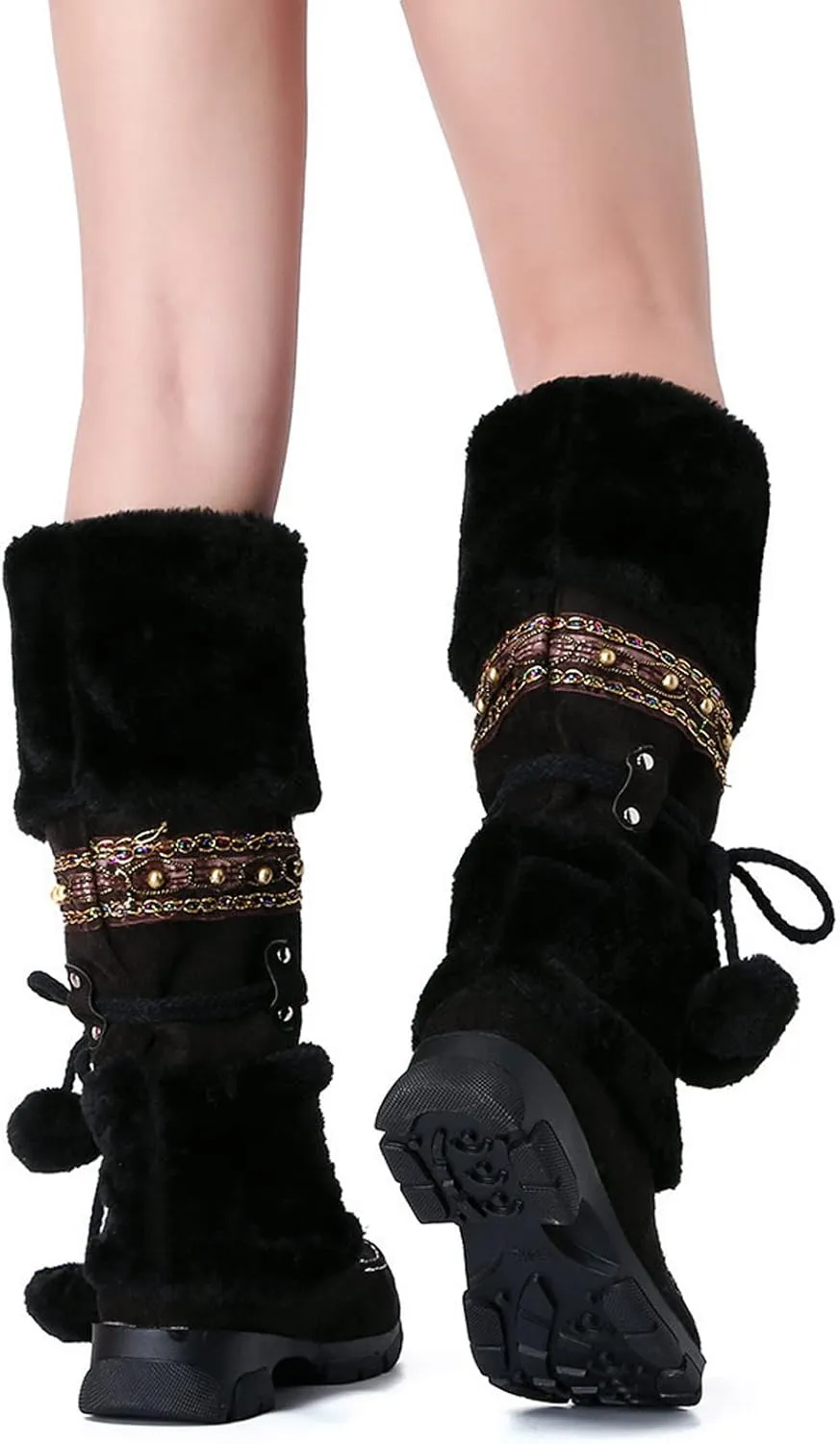 Winter Boots for Women Mid Calf Boots Winter Lace Up Pompoms Platform Anti-Slip Furry Fur Lined Knight Snow Boots