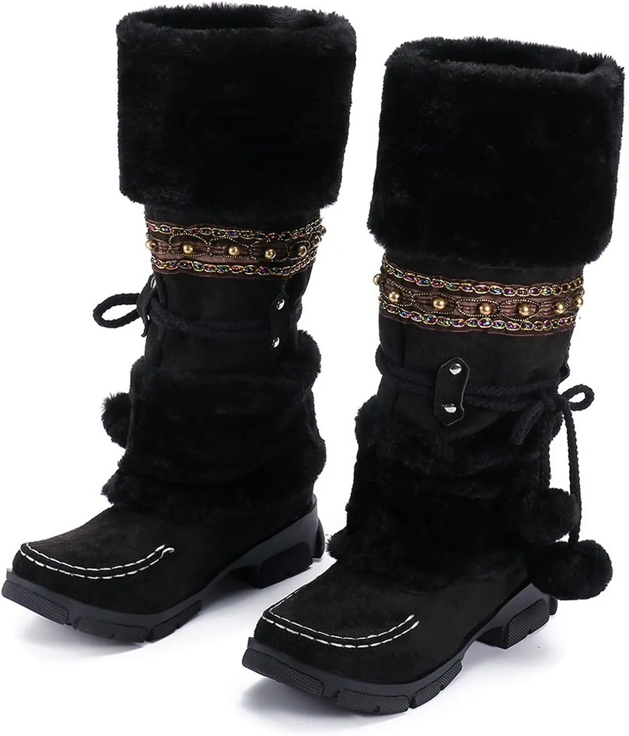 Winter Boots for Women Mid Calf Boots Winter Lace Up Pompoms Platform Anti-Slip Furry Fur Lined Knight Snow Boots