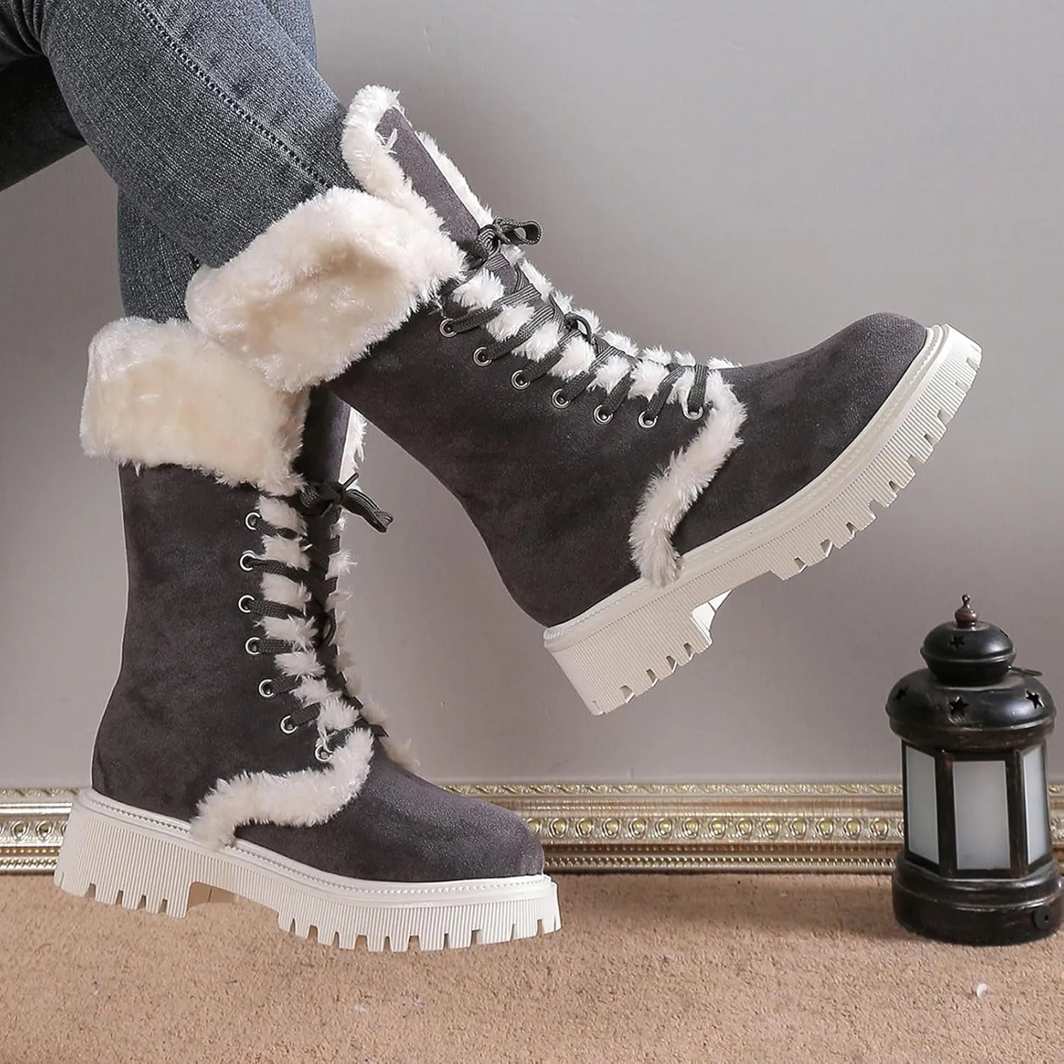 Winter Boots for Women Waterproof Ladies Fluffy Warm Thick Soled Snow Boots Fashion Round Toe Lace Up Mid Calf Boots