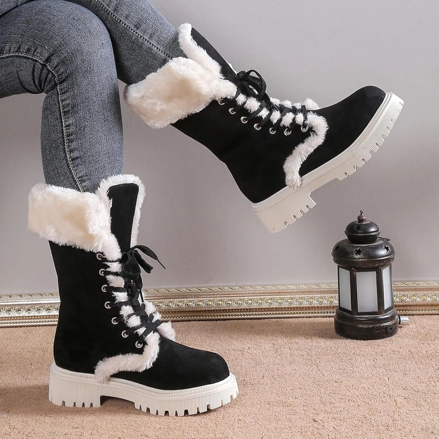 Winter Boots for Women Waterproof Ladies Fluffy Warm Thick Soled Snow Boots Fashion Round Toe Lace Up Mid Calf Boots