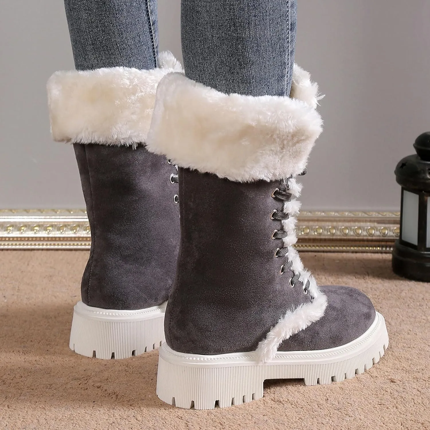 Winter Boots for Women Waterproof Ladies Fluffy Warm Thick Soled Snow Boots Fashion Round Toe Lace Up Mid Calf Boots