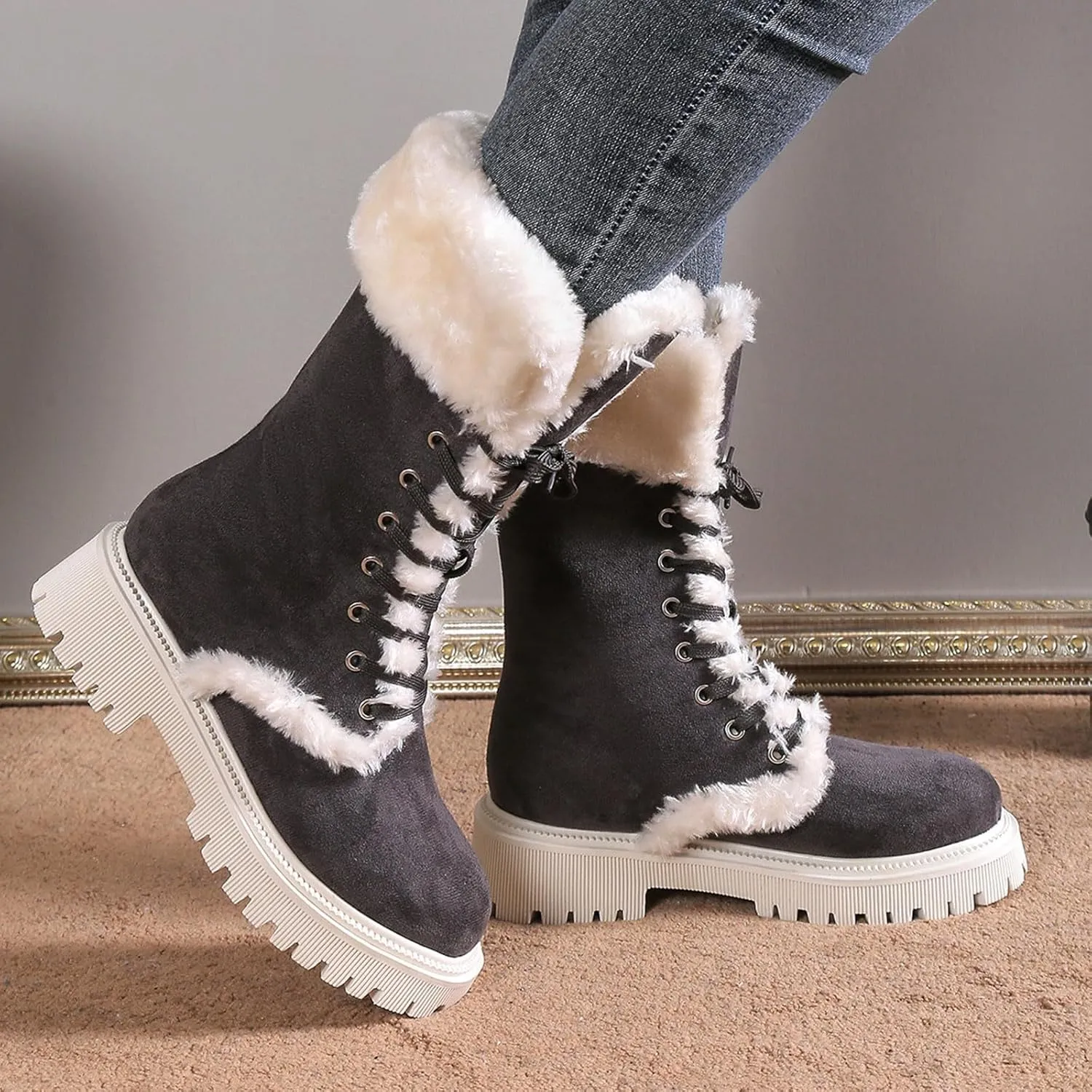 Winter Boots for Women Waterproof Ladies Fluffy Warm Thick Soled Snow Boots Fashion Round Toe Lace Up Mid Calf Boots