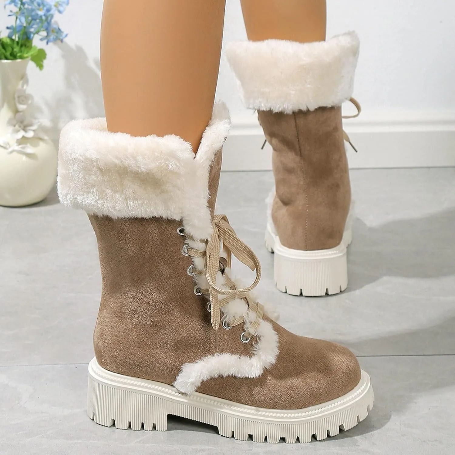 Winter Boots for Women Waterproof Ladies Fluffy Warm Thick Soled Snow Boots Fashion Round Toe Lace Up Mid Calf Boots