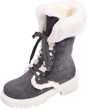 Winter Boots for Women Waterproof Ladies Fluffy Warm Thick Soled Snow Boots Fashion Round Toe Lace Up Mid Calf Boots
