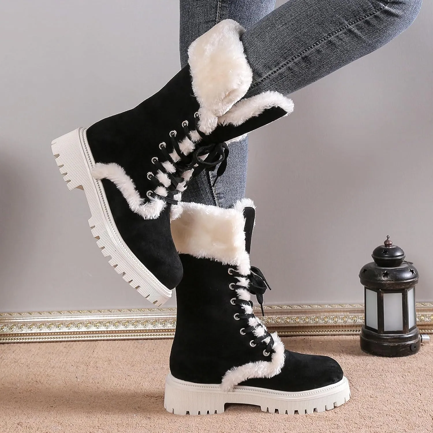 Winter Boots for Women Waterproof Ladies Fluffy Warm Thick Soled Snow Boots Fashion Round Toe Lace Up Mid Calf Boots