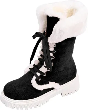 Winter Boots for Women Waterproof Ladies Fluffy Warm Thick Soled Snow Boots Fashion Round Toe Lace Up Mid Calf Boots