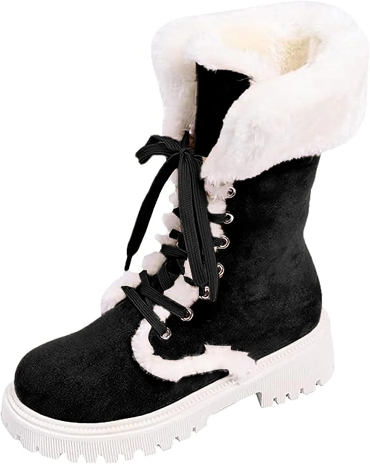 Winter Boots for Women Waterproof Ladies Fluffy Warm Thick Soled Snow Boots Fashion Round Toe Lace Up Mid Calf Boots
