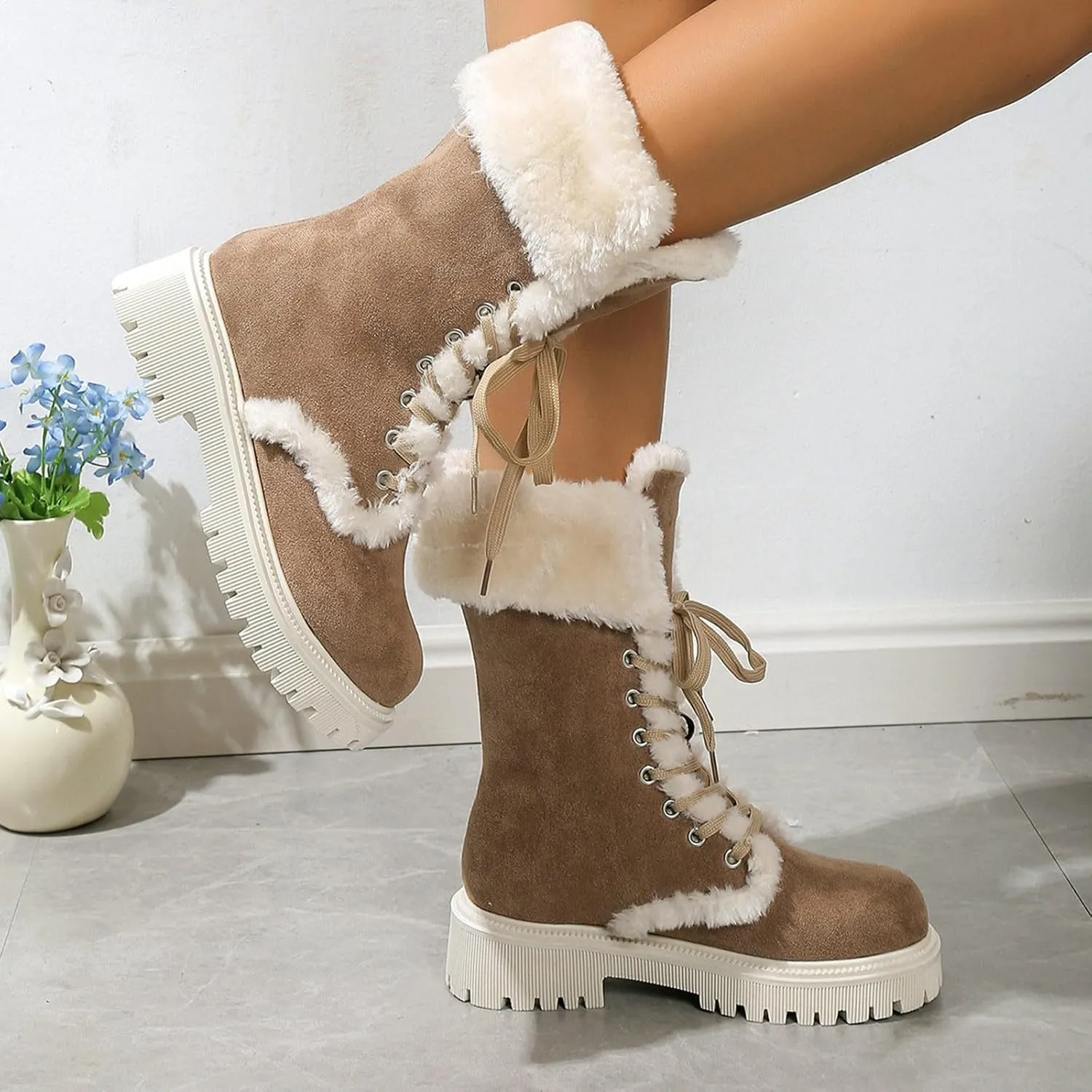 Winter Boots for Women Waterproof Ladies Fluffy Warm Thick Soled Snow Boots Fashion Round Toe Lace Up Mid Calf Boots