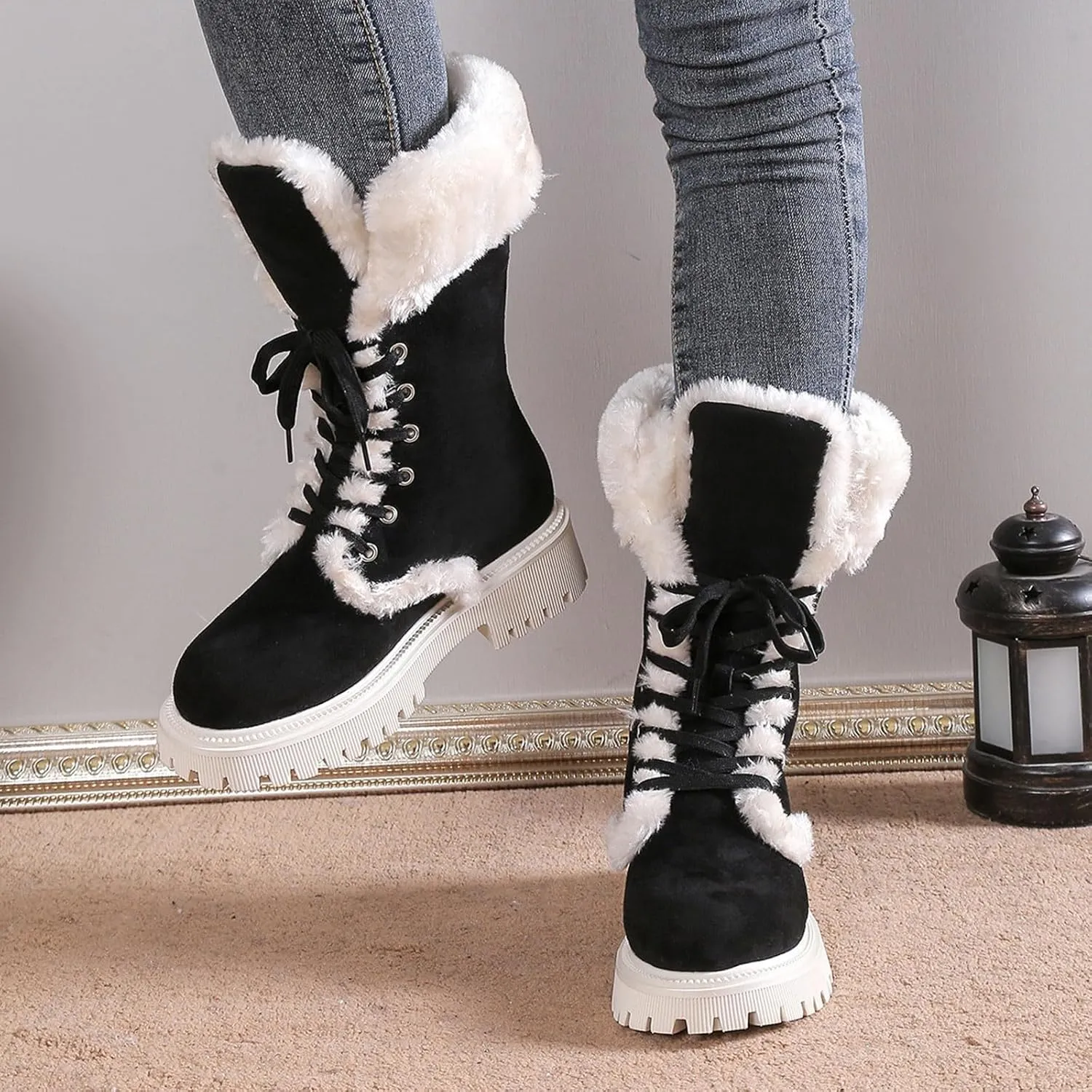 Winter Boots for Women Waterproof Ladies Fluffy Warm Thick Soled Snow Boots Fashion Round Toe Lace Up Mid Calf Boots