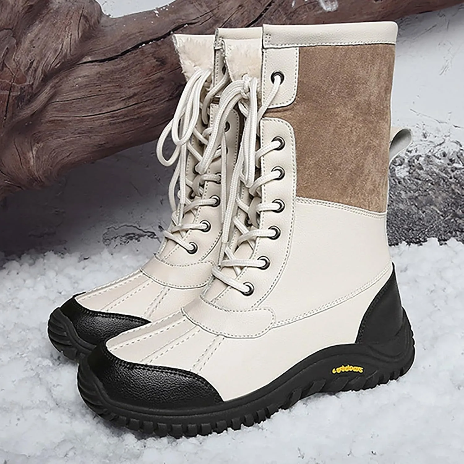 Winter Boots for Women Waterproof Warm Faux Fur Lined Ladies Snow Boots Fashion Lace Up Mid Carf Leather Boots