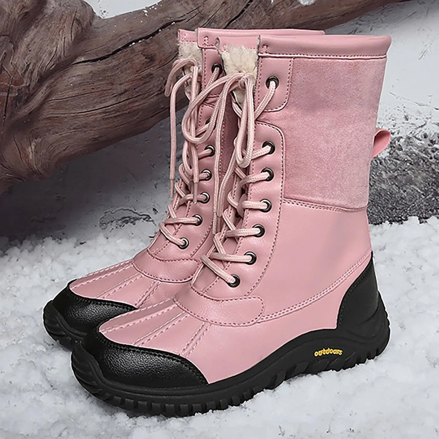 Winter Boots for Women Waterproof Warm Faux Fur Lined Ladies Snow Boots Fashion Lace Up Mid Carf Leather Boots
