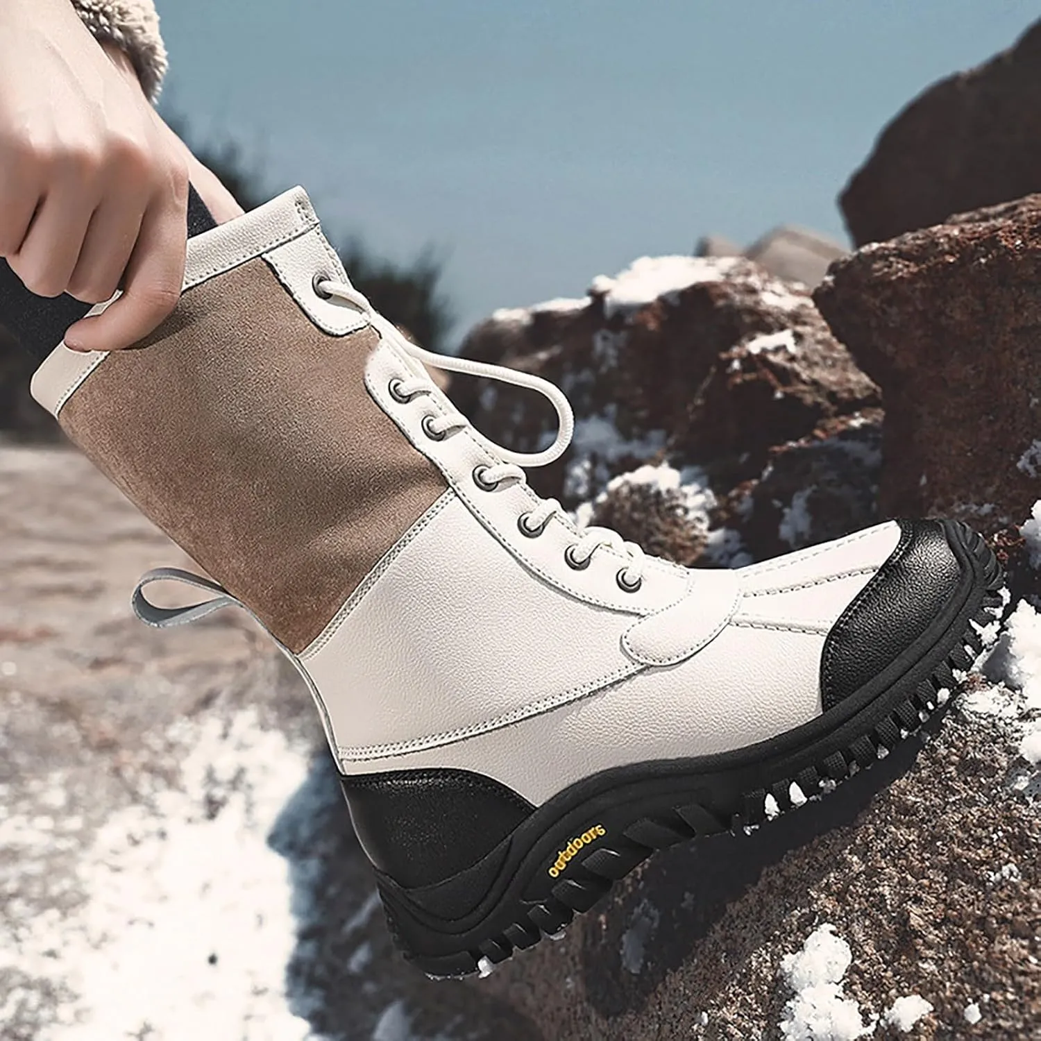 Winter Boots for Women Waterproof Warm Faux Fur Lined Ladies Snow Boots Fashion Lace Up Mid Carf Leather Boots