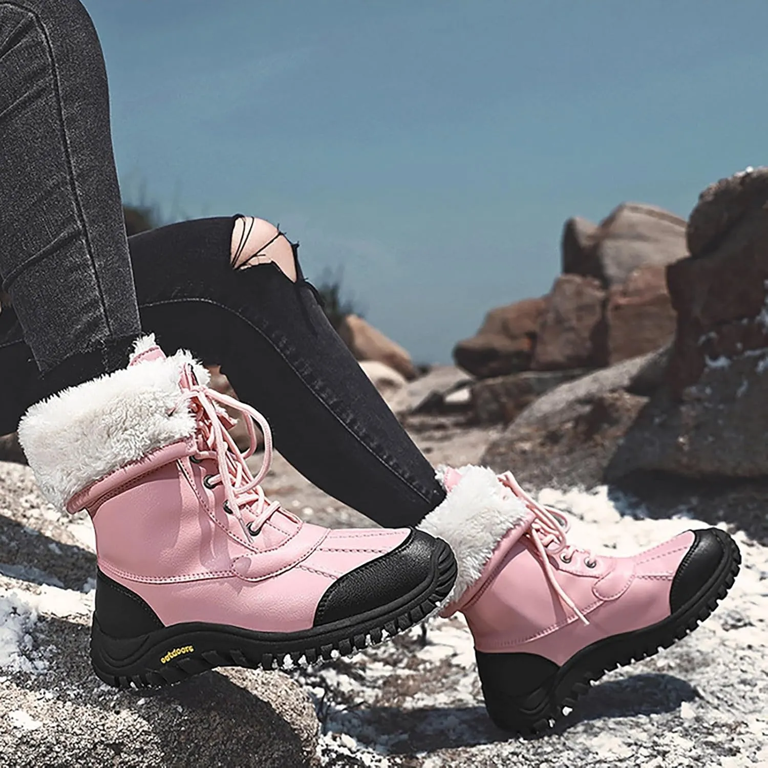 Winter Boots for Women Waterproof Warm Faux Fur Lined Ladies Snow Boots Fashion Lace Up Mid Carf Leather Boots