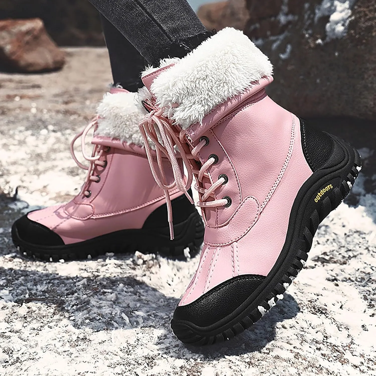 Winter Boots for Women Waterproof Warm Faux Fur Lined Ladies Snow Boots Fashion Lace Up Mid Carf Leather Boots