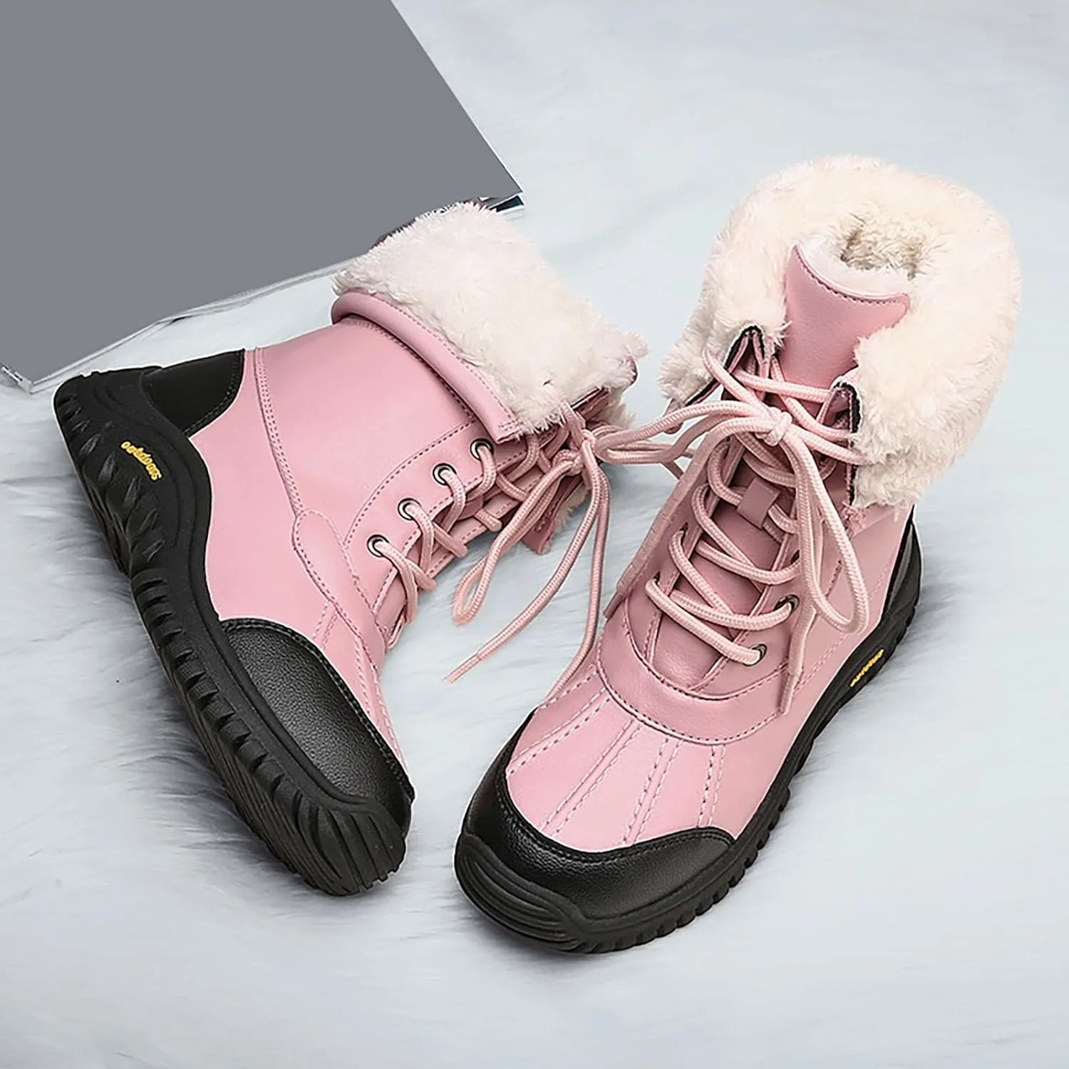 Winter Boots for Women Waterproof Warm Faux Fur Lined Ladies Snow Boots Fashion Lace Up Mid Carf Leather Boots