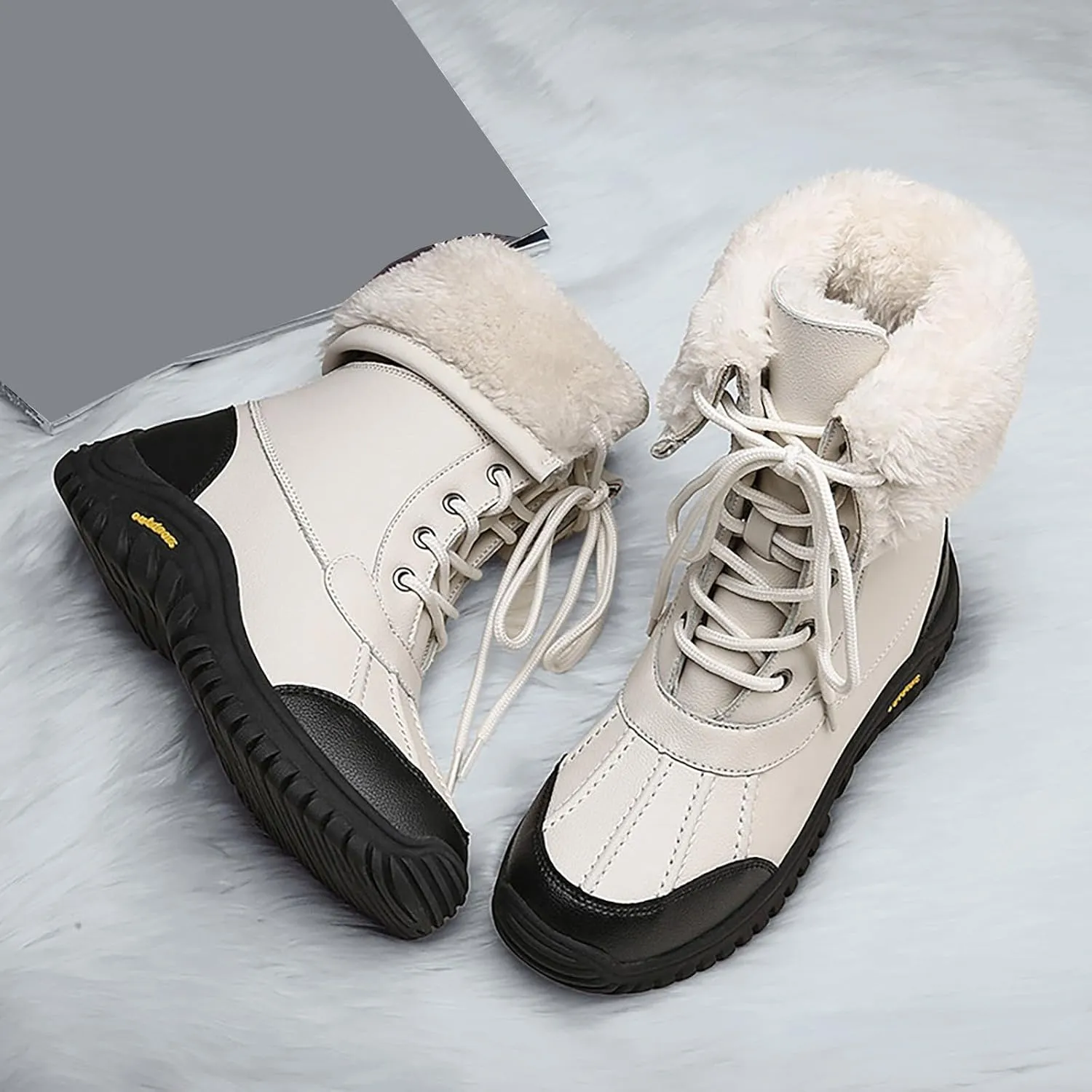 Winter Boots for Women Waterproof Warm Faux Fur Lined Ladies Snow Boots Fashion Lace Up Mid Carf Leather Boots