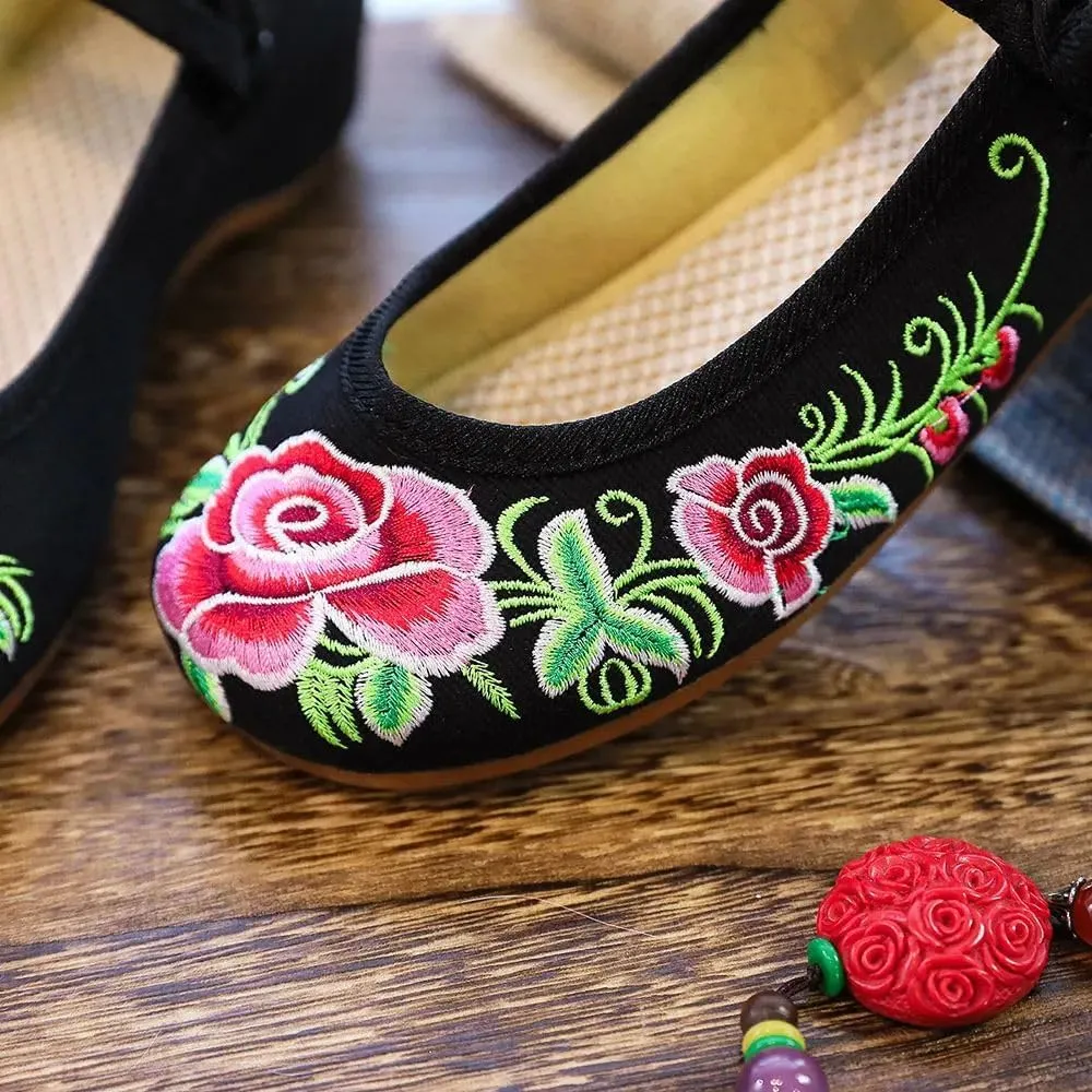 Women Cotton Fabric Ballet Flats Flower Embroidery Canvas Ballerinas Comfortable Casual Walking Shoes for Ladies