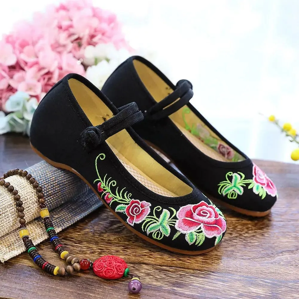 Women Cotton Fabric Ballet Flats Flower Embroidery Canvas Ballerinas Comfortable Casual Walking Shoes for Ladies
