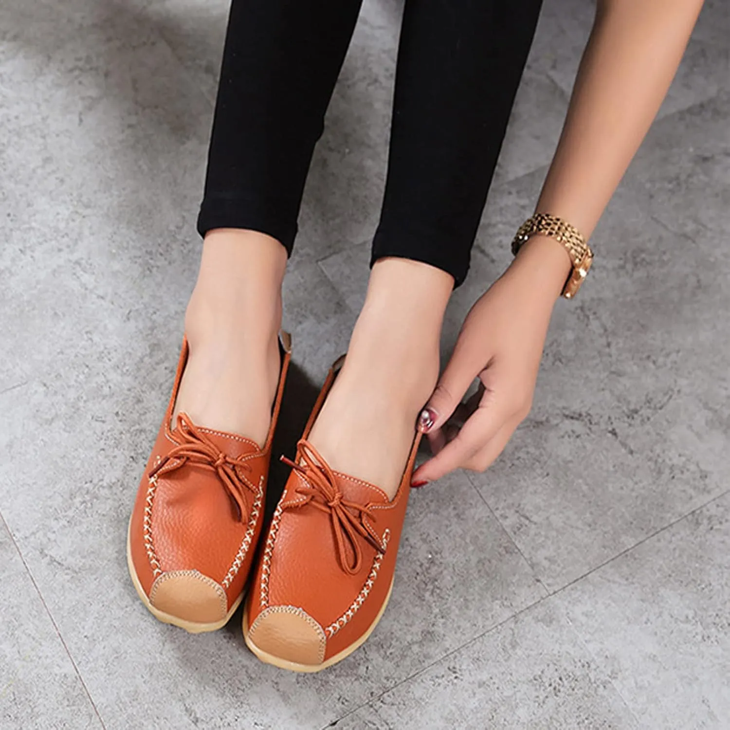 Women Leather Breathable Lace Up Flat Shallow Mouth Loafers,Outdoor Soft Sole Non-Slip Driving Walking Shoes