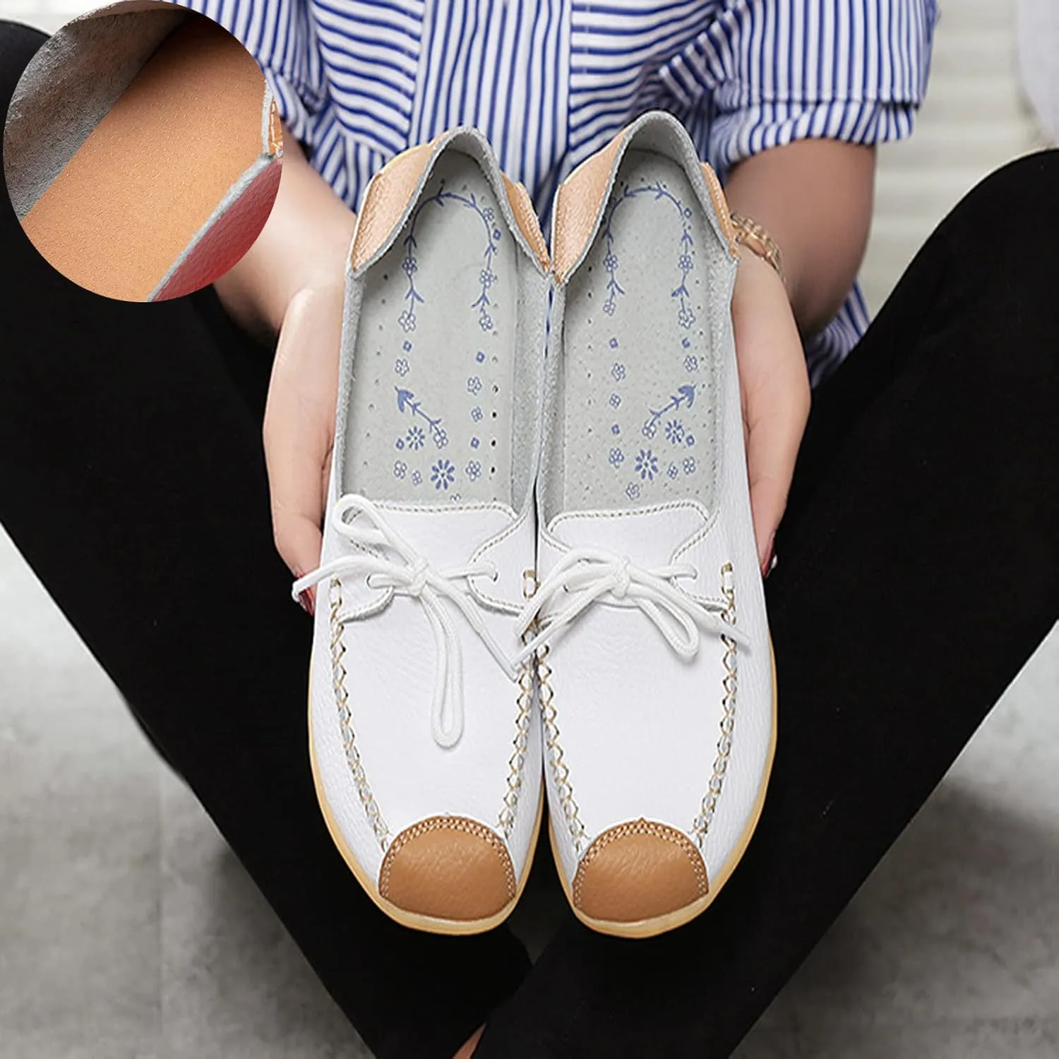 Women Leather Breathable Lace Up Flat Shallow Mouth Loafers,Outdoor Soft Sole Non-Slip Driving Walking Shoes