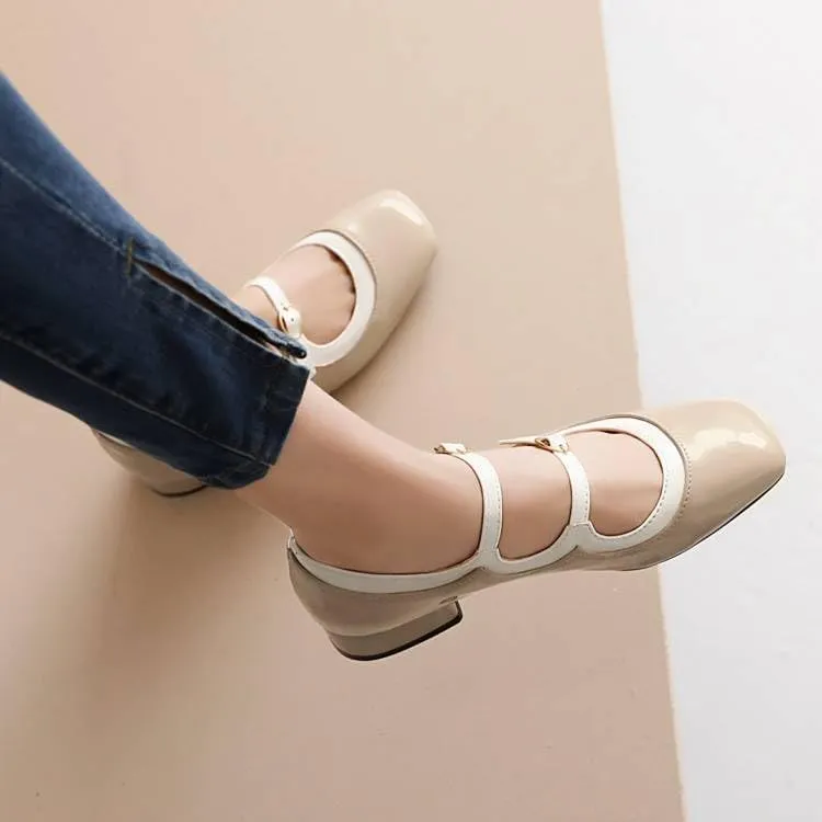 Women Vintage Mary Jane Pumps Glossy Patent Square Toe Low Block Heels