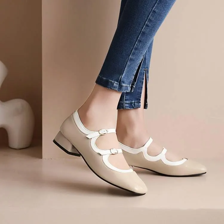 Women Vintage Mary Jane Pumps Glossy Patent Square Toe Low Block Heels