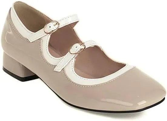 Women Vintage Mary Jane Pumps Glossy Patent Square Toe Low Block Heels