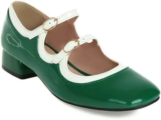 Women Vintage Mary Jane Pumps Glossy Patent Square Toe Low Block Heels
