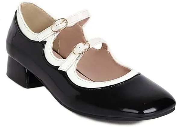 Women Vintage Mary Jane Pumps Glossy Patent Square Toe Low Block Heels