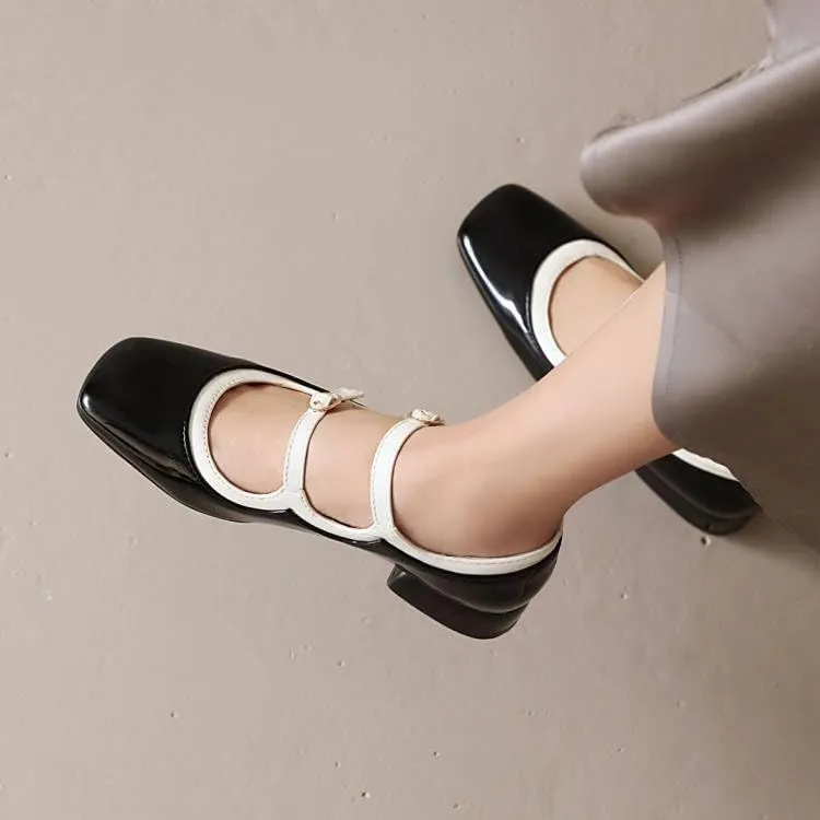 Women Vintage Mary Jane Pumps Glossy Patent Square Toe Low Block Heels