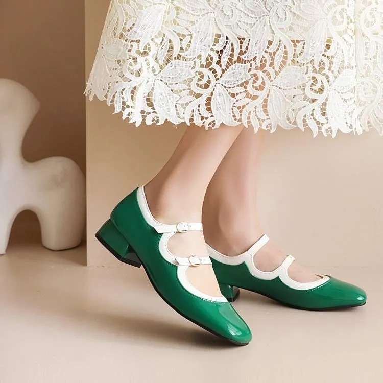 Women Vintage Mary Jane Pumps Glossy Patent Square Toe Low Block Heels