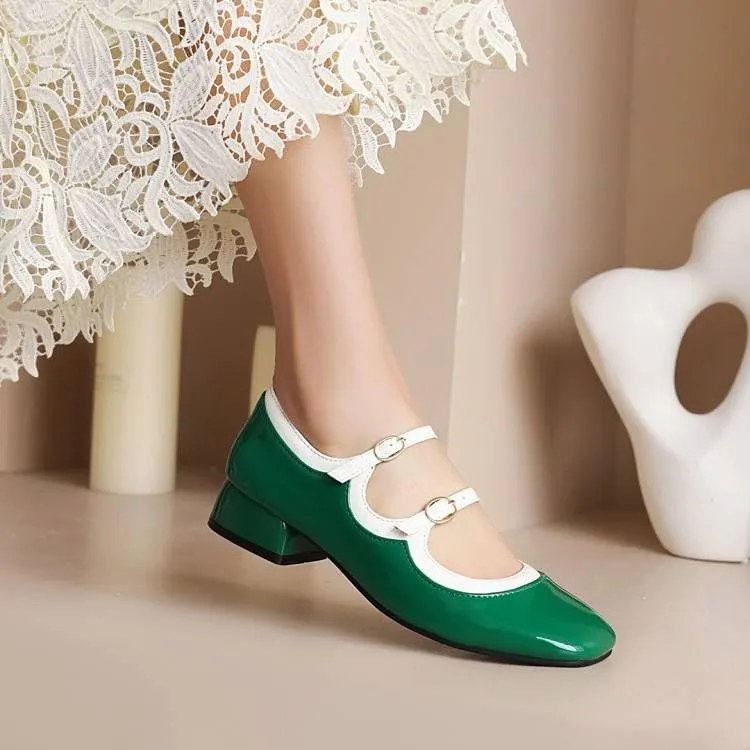 Women Vintage Mary Jane Pumps Glossy Patent Square Toe Low Block Heels