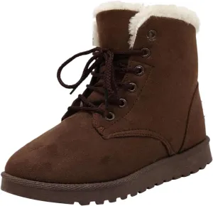 Women's Ankle Leather Boots Fleece Lined Warm Snow Boots Lace Up Flat Soled Boots Insulated Snow Boots
