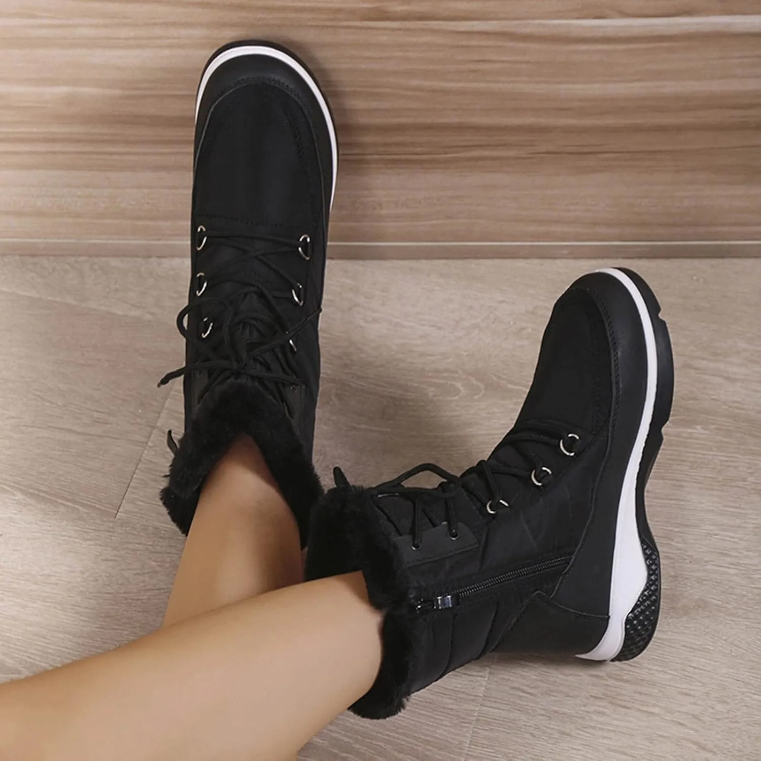 Women's Cold Proof Snow Boots Thick Bottom Non Slip Mid Calf Boots Plus Velvet Warm Lace Up Snow Boots