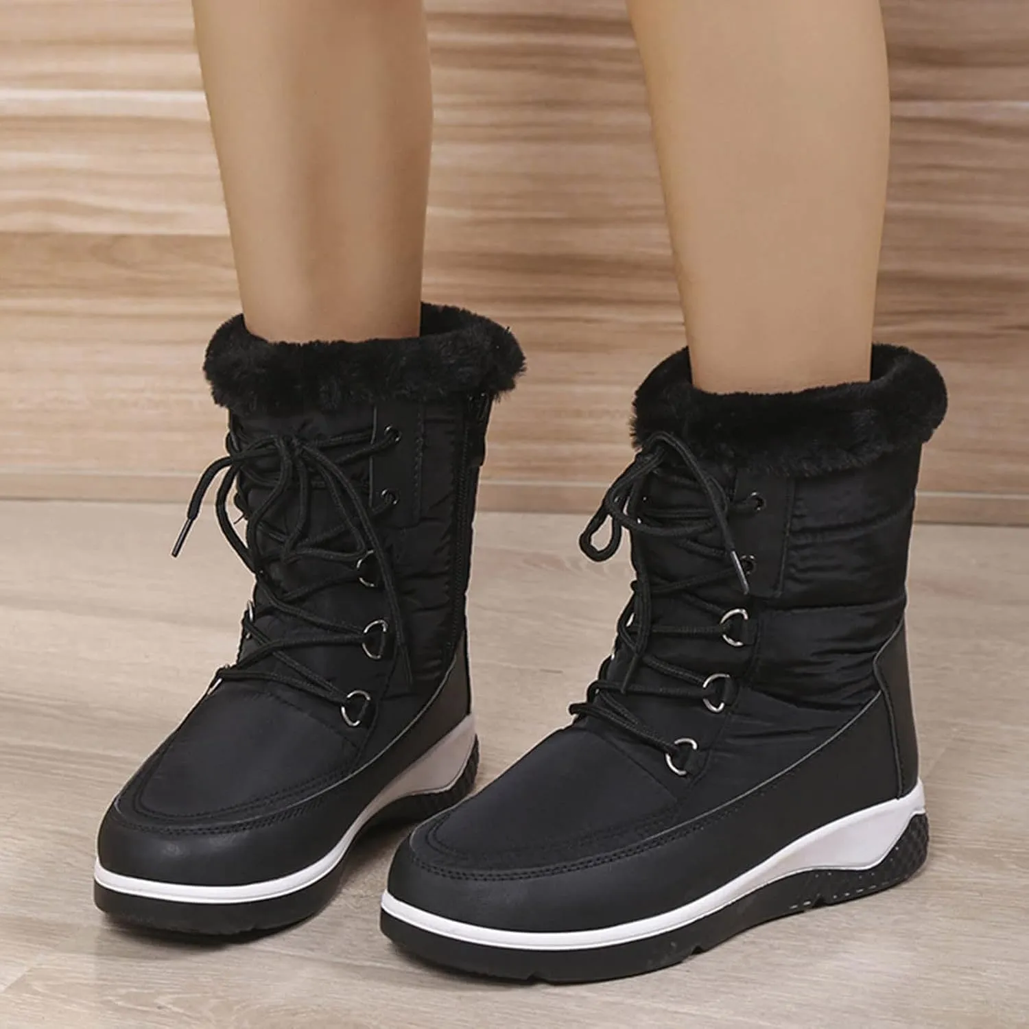 Women's Cold Proof Snow Boots Thick Bottom Non Slip Mid Calf Boots Plus Velvet Warm Lace Up Snow Boots