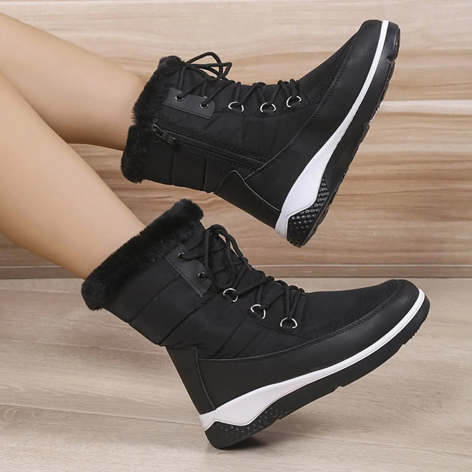 Women's Cold Proof Snow Boots Thick Bottom Non Slip Mid Calf Boots Plus Velvet Warm Lace Up Snow Boots