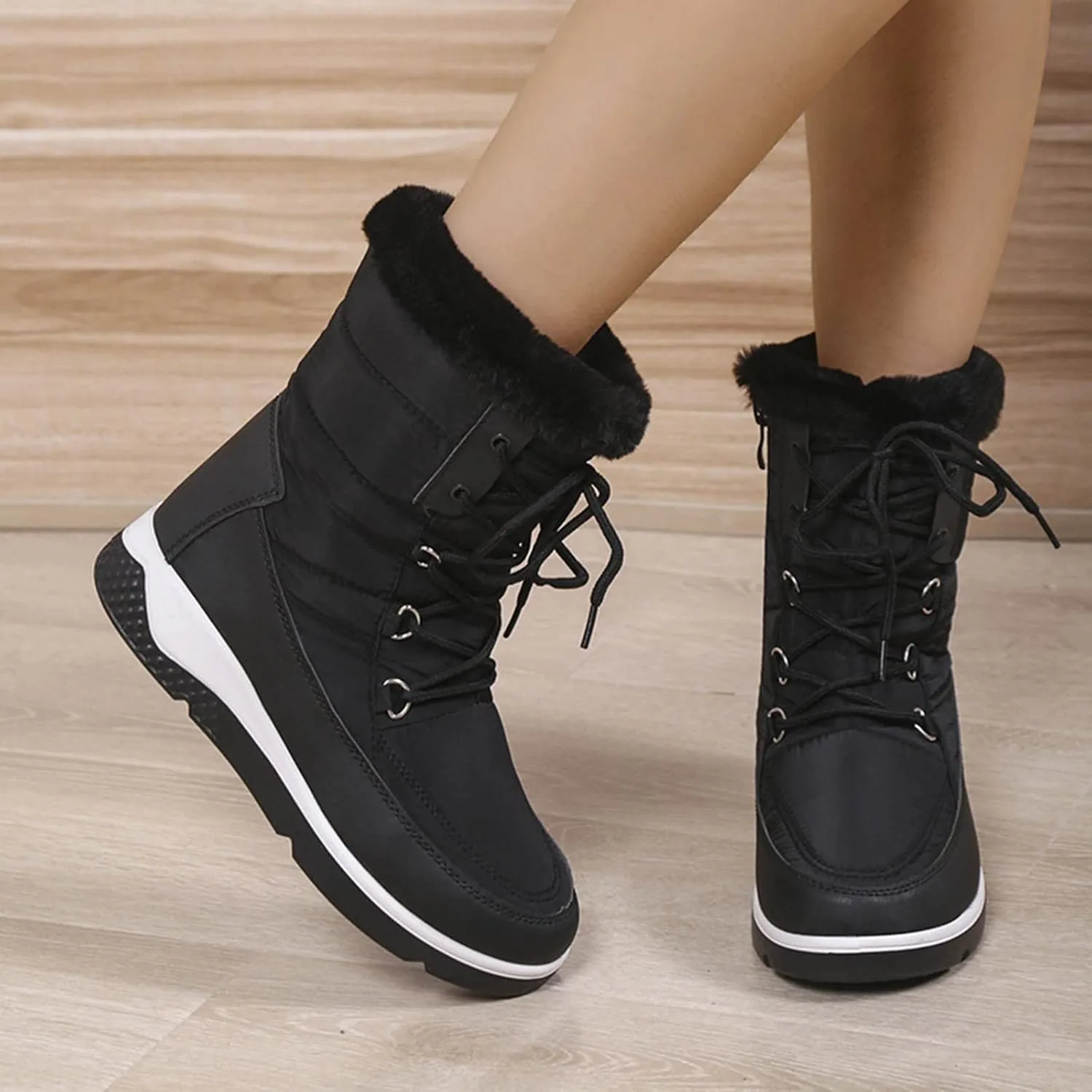 Women's Cold Proof Snow Boots Thick Bottom Non Slip Mid Calf Boots Plus Velvet Warm Lace Up Snow Boots